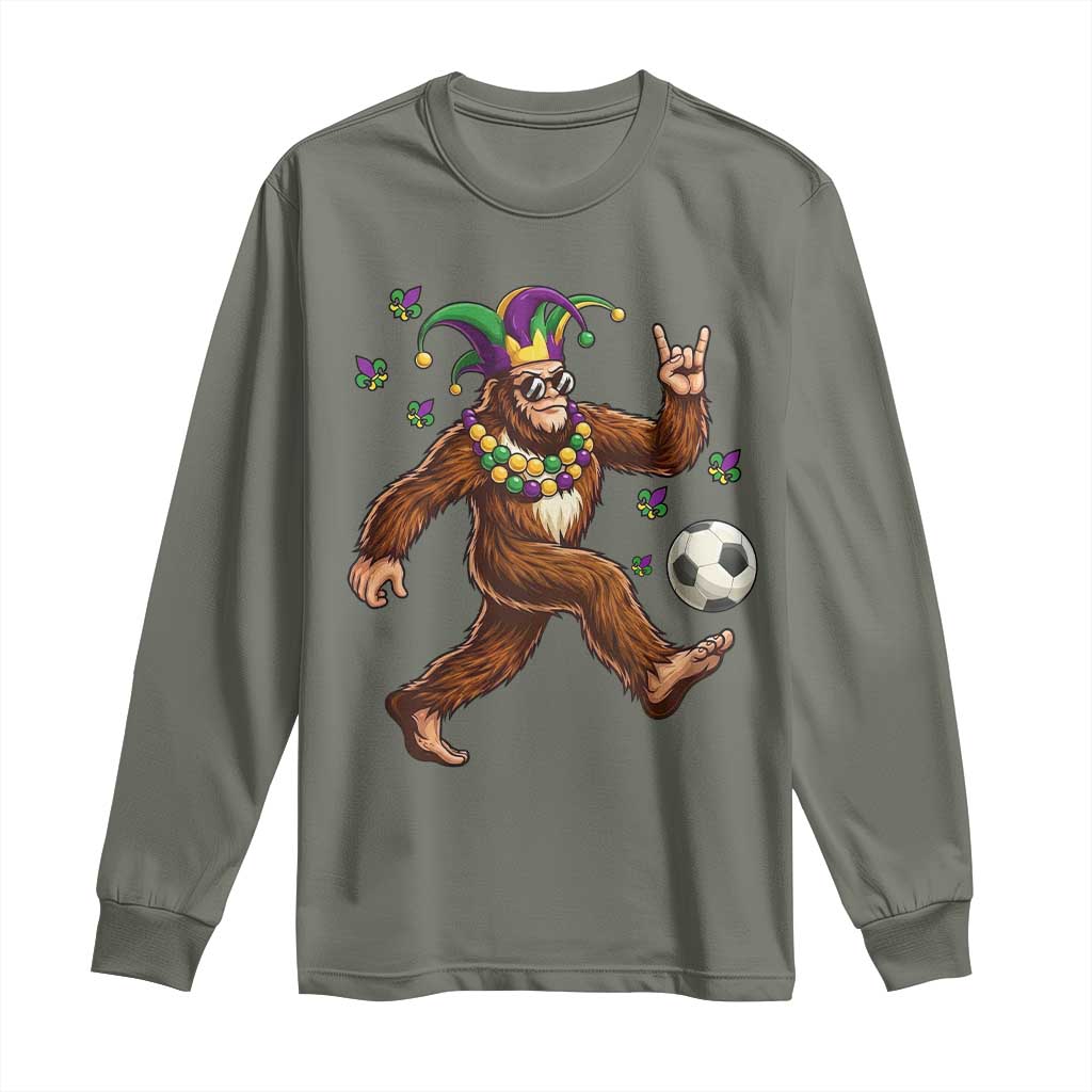 Funny Mardi Gras Bigfoot Playing Soccer Long Sleeve Shirt Football Fan Gift