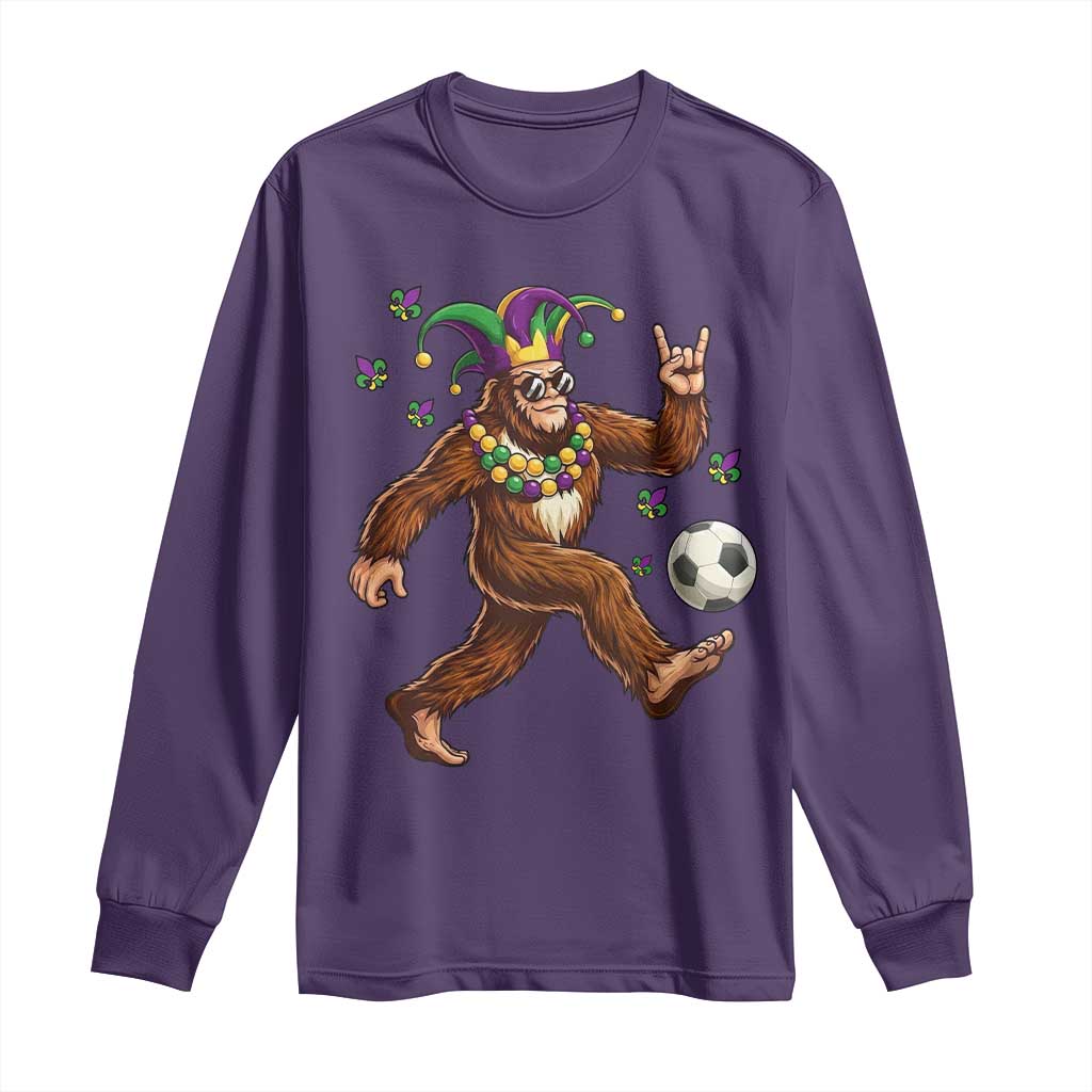 Funny Mardi Gras Bigfoot Playing Soccer Long Sleeve Shirt Football Fan Gift