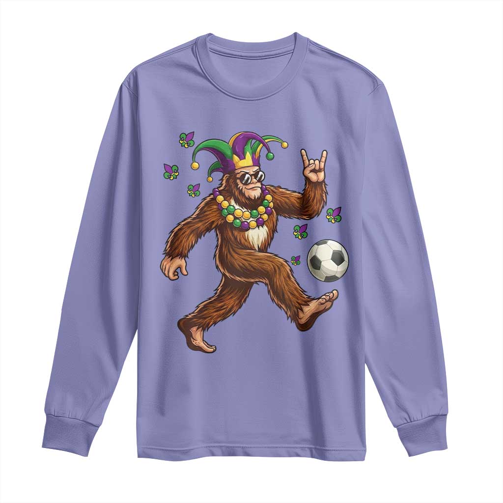 Funny Mardi Gras Bigfoot Playing Soccer Long Sleeve Shirt Football Fan Gift
