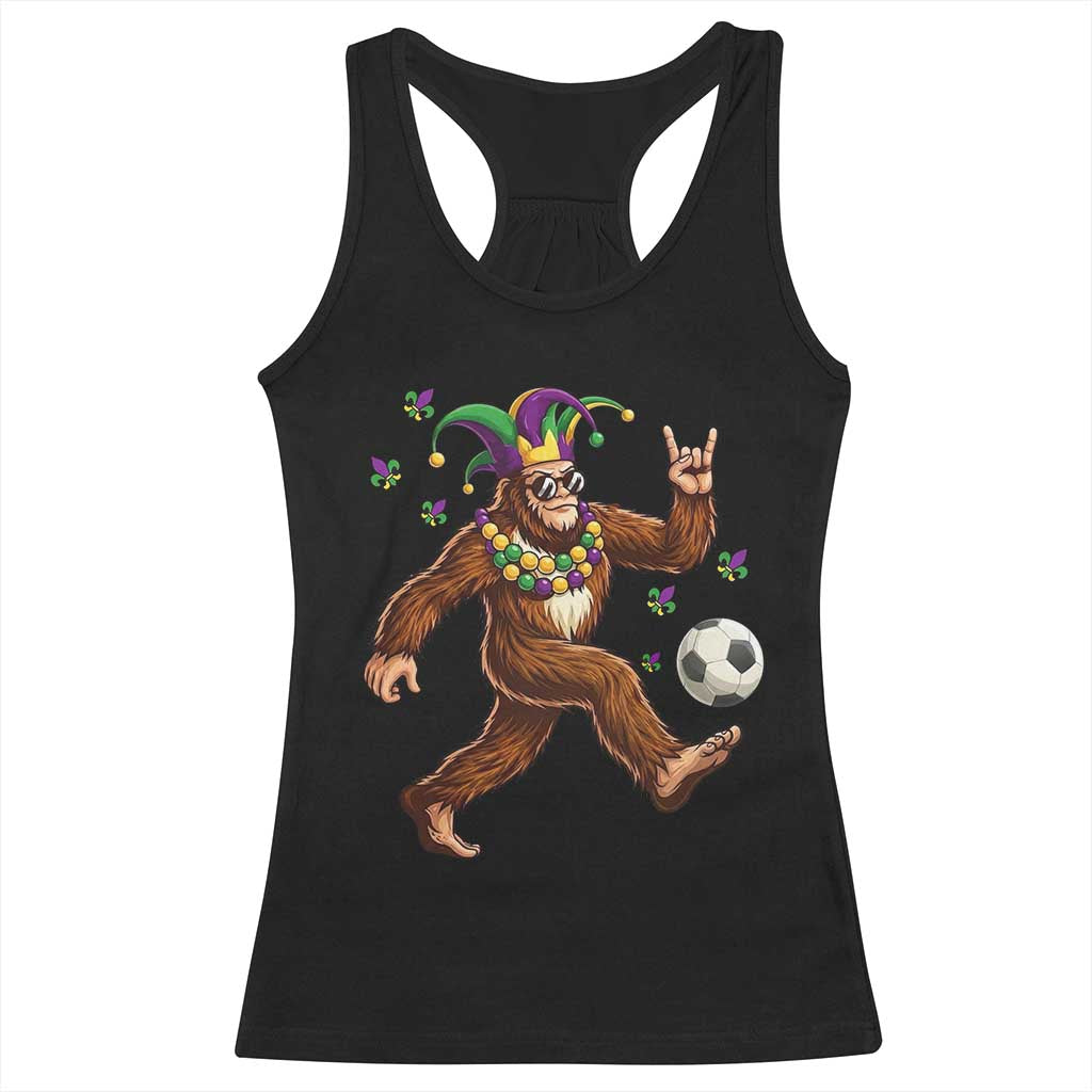 Funny Mardi Gras Bigfoot Playing Soccer Racerback Tank Top Football Fan Gift