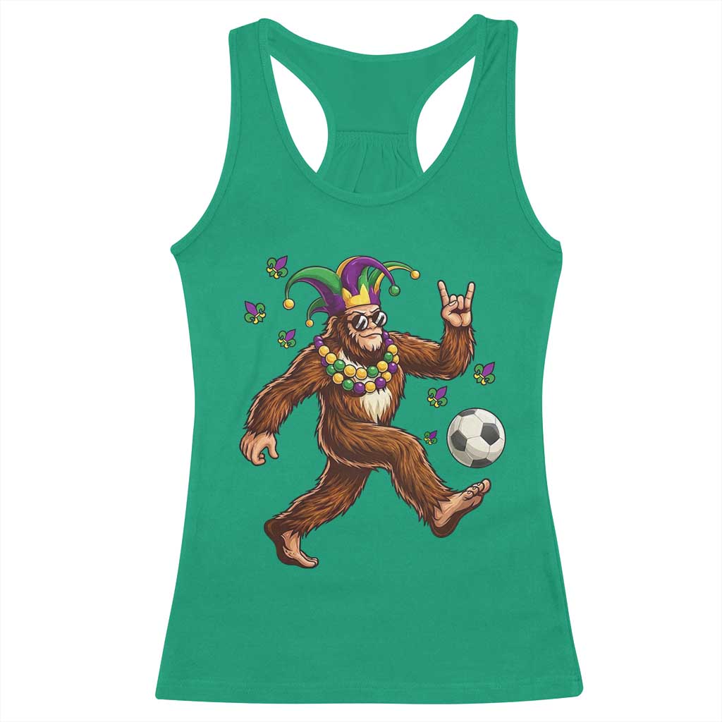 Funny Mardi Gras Bigfoot Playing Soccer Racerback Tank Top Football Fan Gift