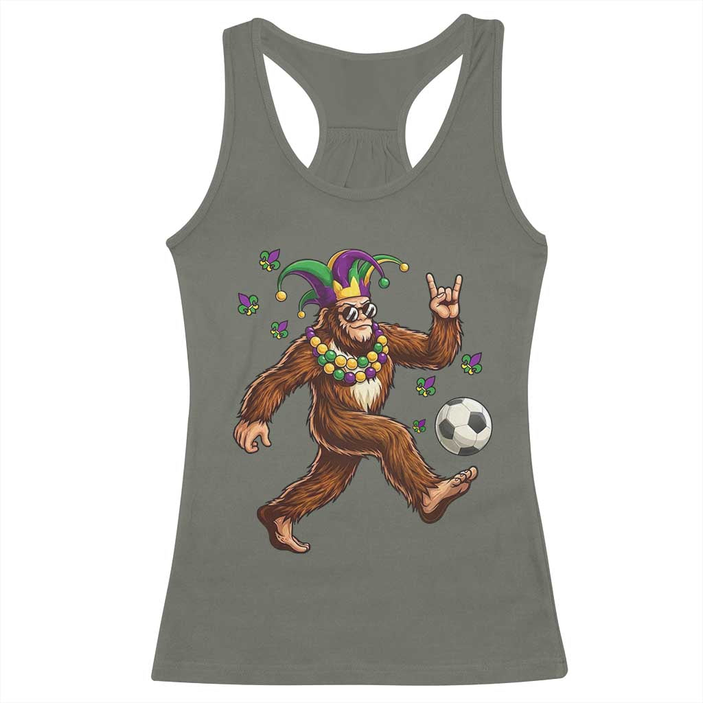 Funny Mardi Gras Bigfoot Playing Soccer Racerback Tank Top Football Fan Gift