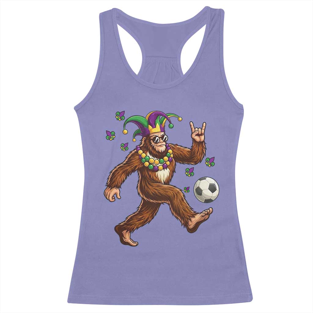 Funny Mardi Gras Bigfoot Playing Soccer Racerback Tank Top Football Fan Gift