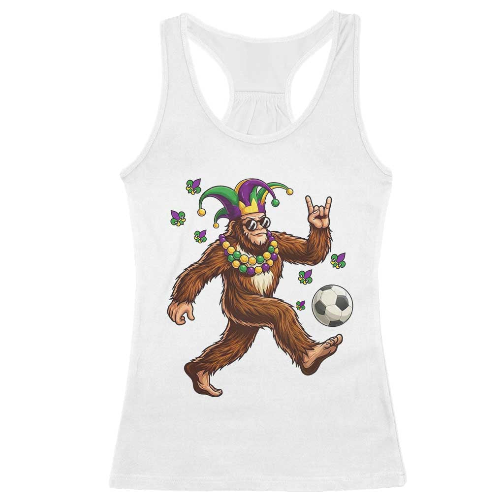 Funny Mardi Gras Bigfoot Playing Soccer Racerback Tank Top Football Fan Gift