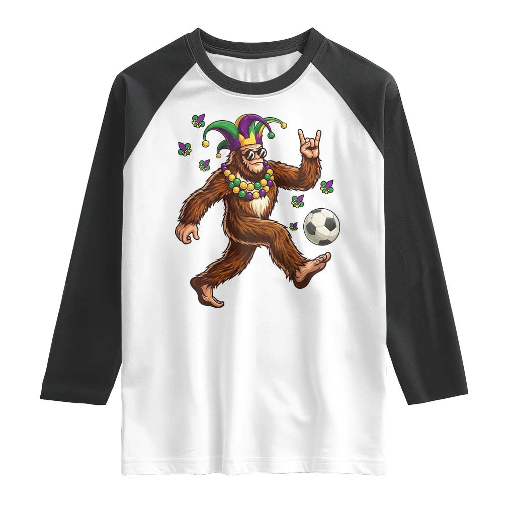 Funny Mardi Gras Bigfoot Playing Soccer Raglan Shirt Football Fan Gift