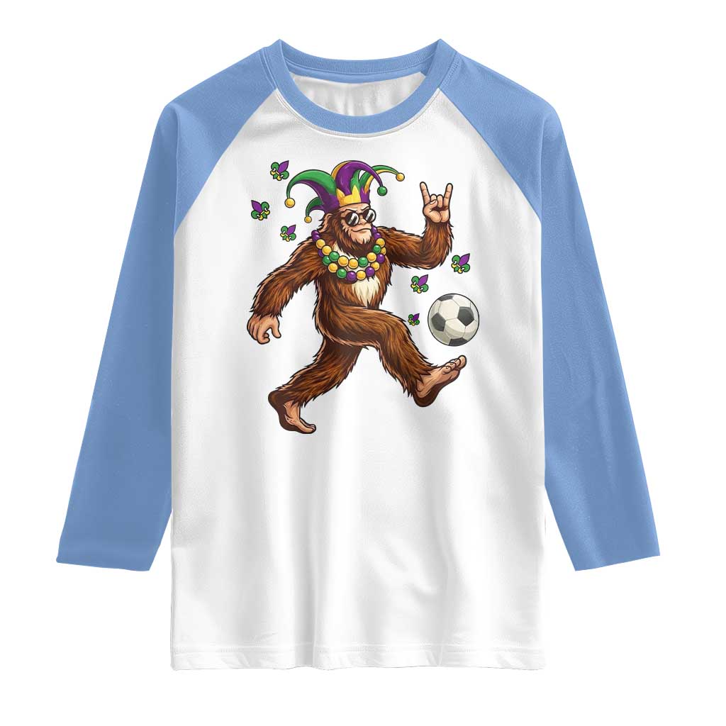 Funny Mardi Gras Bigfoot Playing Soccer Raglan Shirt Football Fan Gift
