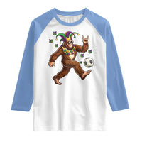 Funny Mardi Gras Bigfoot Playing Soccer Raglan Shirt Football Fan Gift