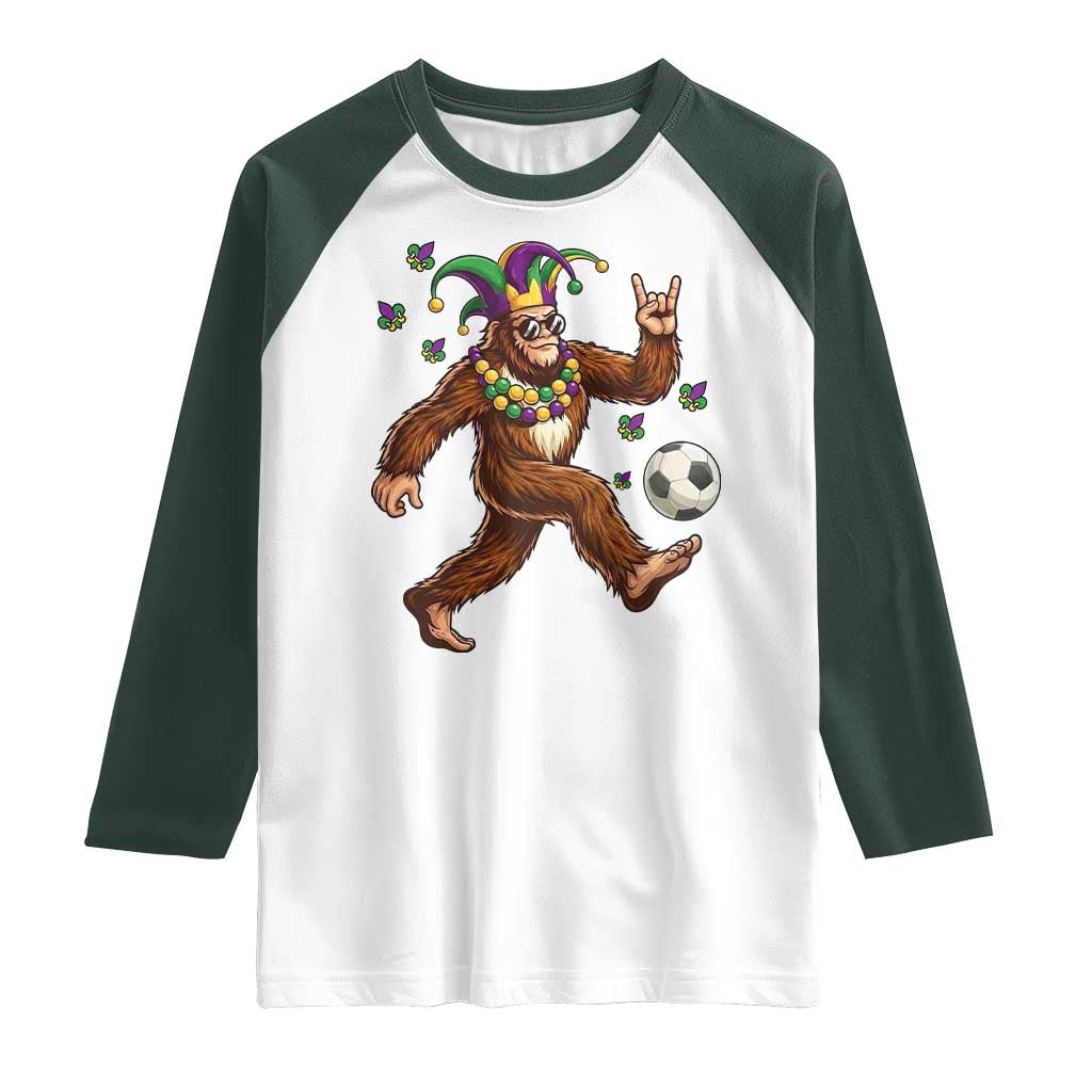 Funny Mardi Gras Bigfoot Playing Soccer Raglan Shirt Football Fan Gift