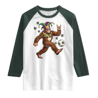 Funny Mardi Gras Bigfoot Playing Soccer Raglan Shirt Football Fan Gift