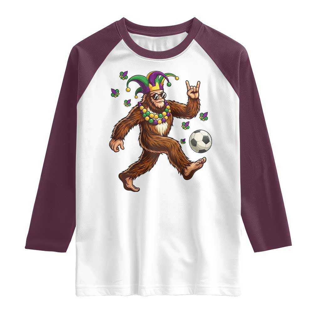 Funny Mardi Gras Bigfoot Playing Soccer Raglan Shirt Football Fan Gift