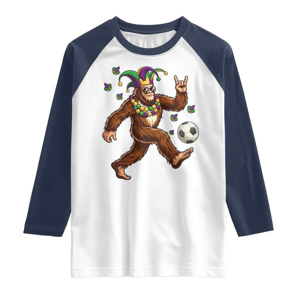 Funny Mardi Gras Bigfoot Playing Soccer Raglan Shirt Football Fan Gift