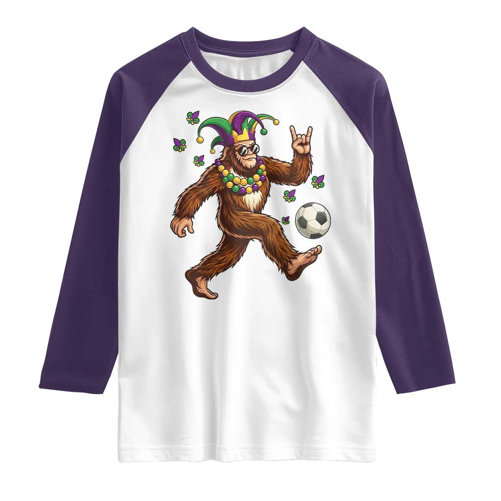Funny Mardi Gras Bigfoot Playing Soccer Raglan Shirt Football Fan Gift