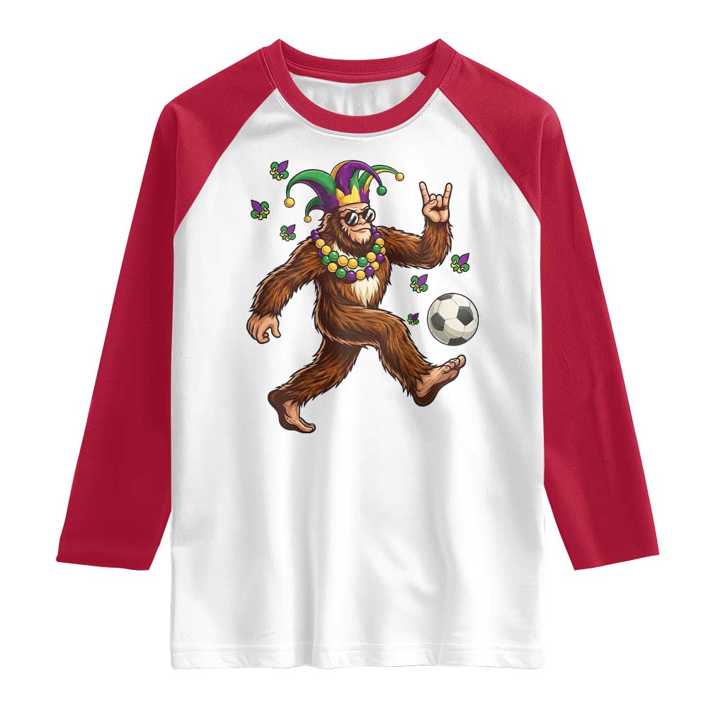 Funny Mardi Gras Bigfoot Playing Soccer Raglan Shirt Football Fan Gift