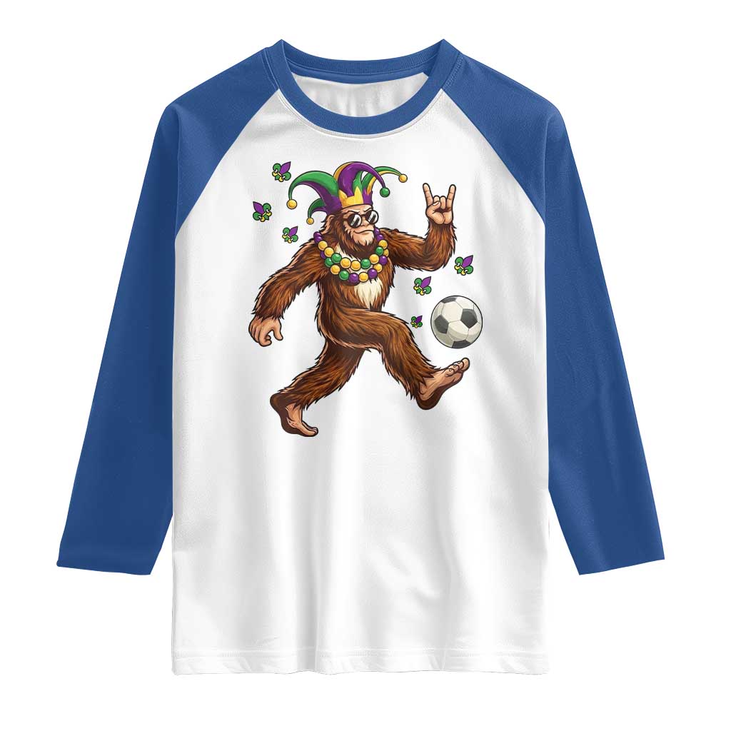 Funny Mardi Gras Bigfoot Playing Soccer Raglan Shirt Football Fan Gift