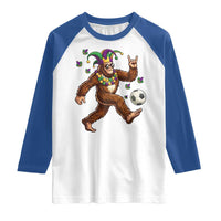 Funny Mardi Gras Bigfoot Playing Soccer Raglan Shirt Football Fan Gift