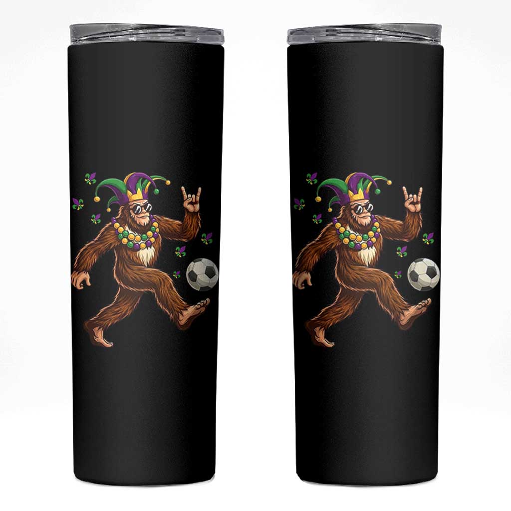 Funny Mardi Gras Bigfoot Playing Soccer Skinny Tumbler Football Fan Gift