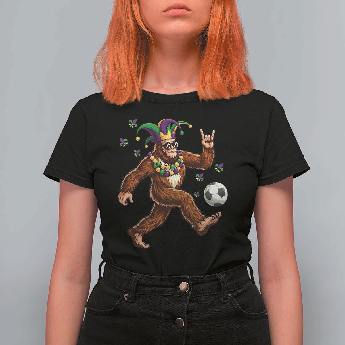 Funny Mardi Gras Bigfoot Playing Soccer T Shirt For Women Football Fan Gift