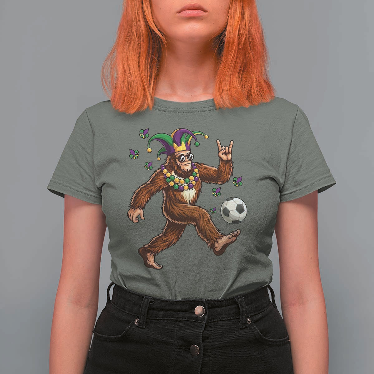 Funny Mardi Gras Bigfoot Playing Soccer T Shirt For Women Football Fan Gift