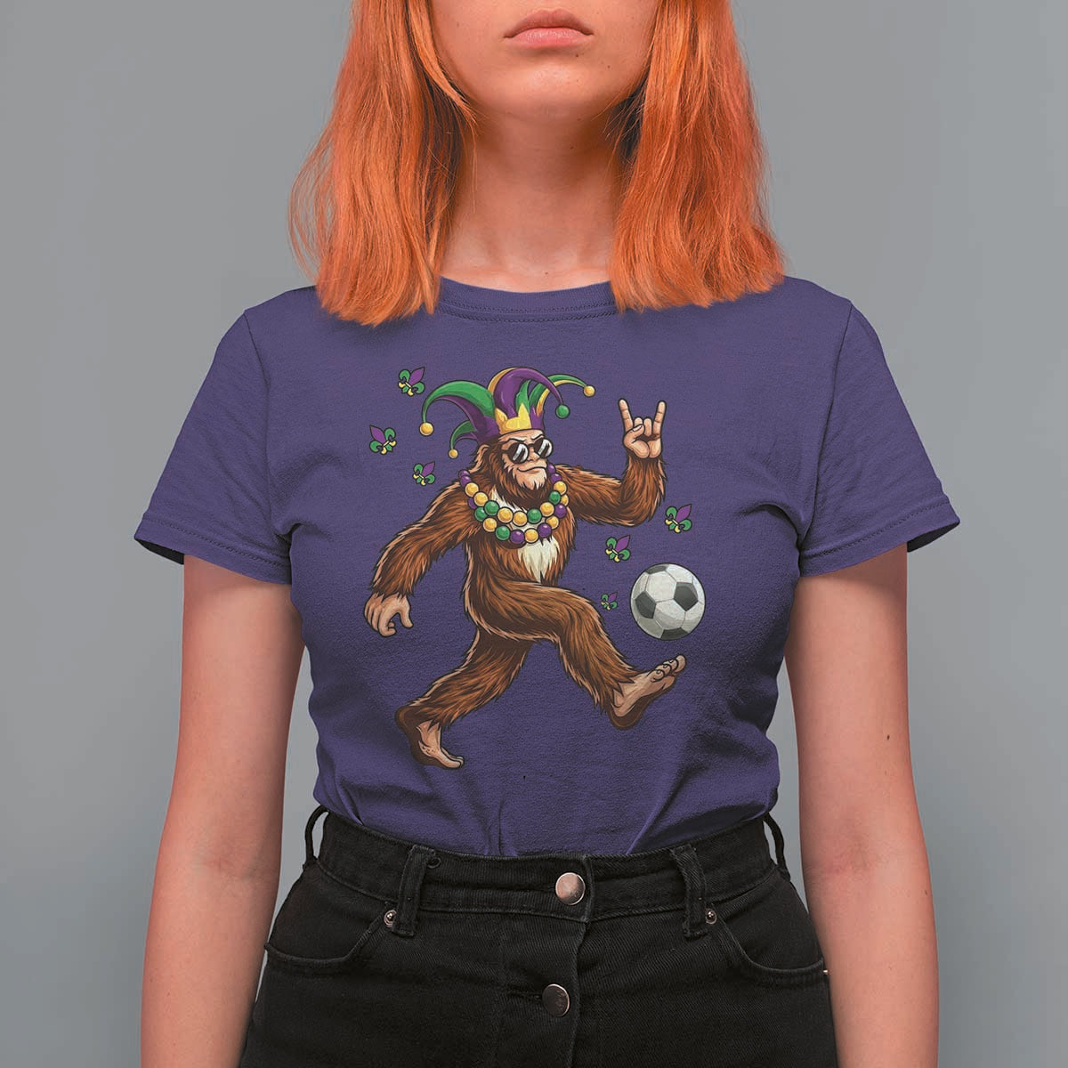Funny Mardi Gras Bigfoot Playing Soccer T Shirt For Women Football Fan Gift