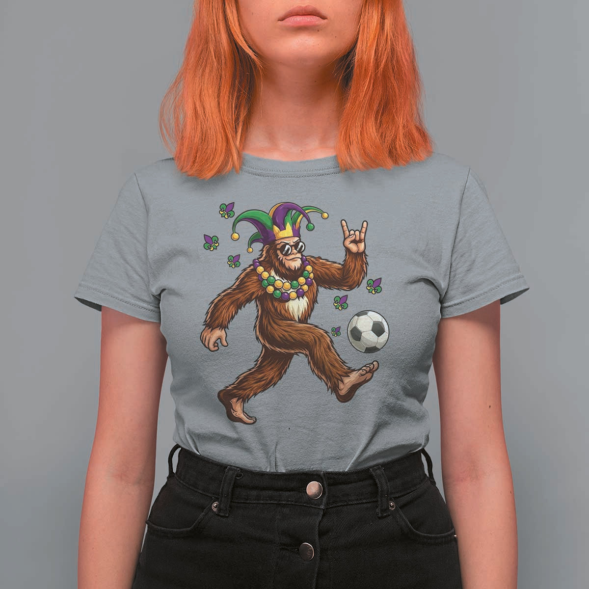 Funny Mardi Gras Bigfoot Playing Soccer T Shirt For Women Football Fan Gift