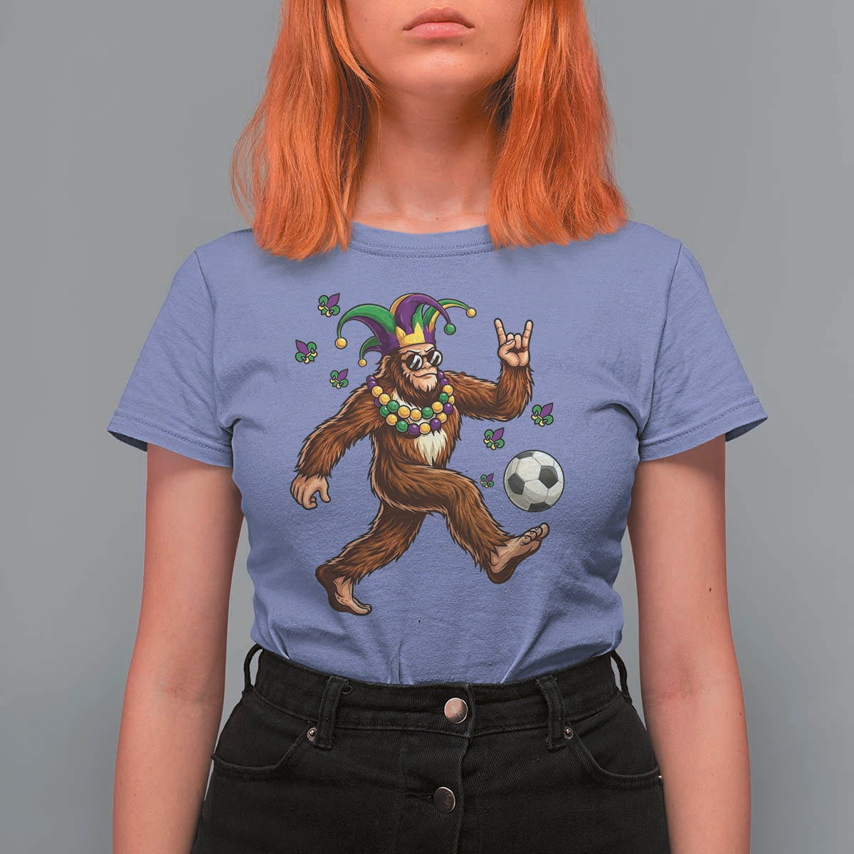 Funny Mardi Gras Bigfoot Playing Soccer T Shirt For Women Football Fan Gift