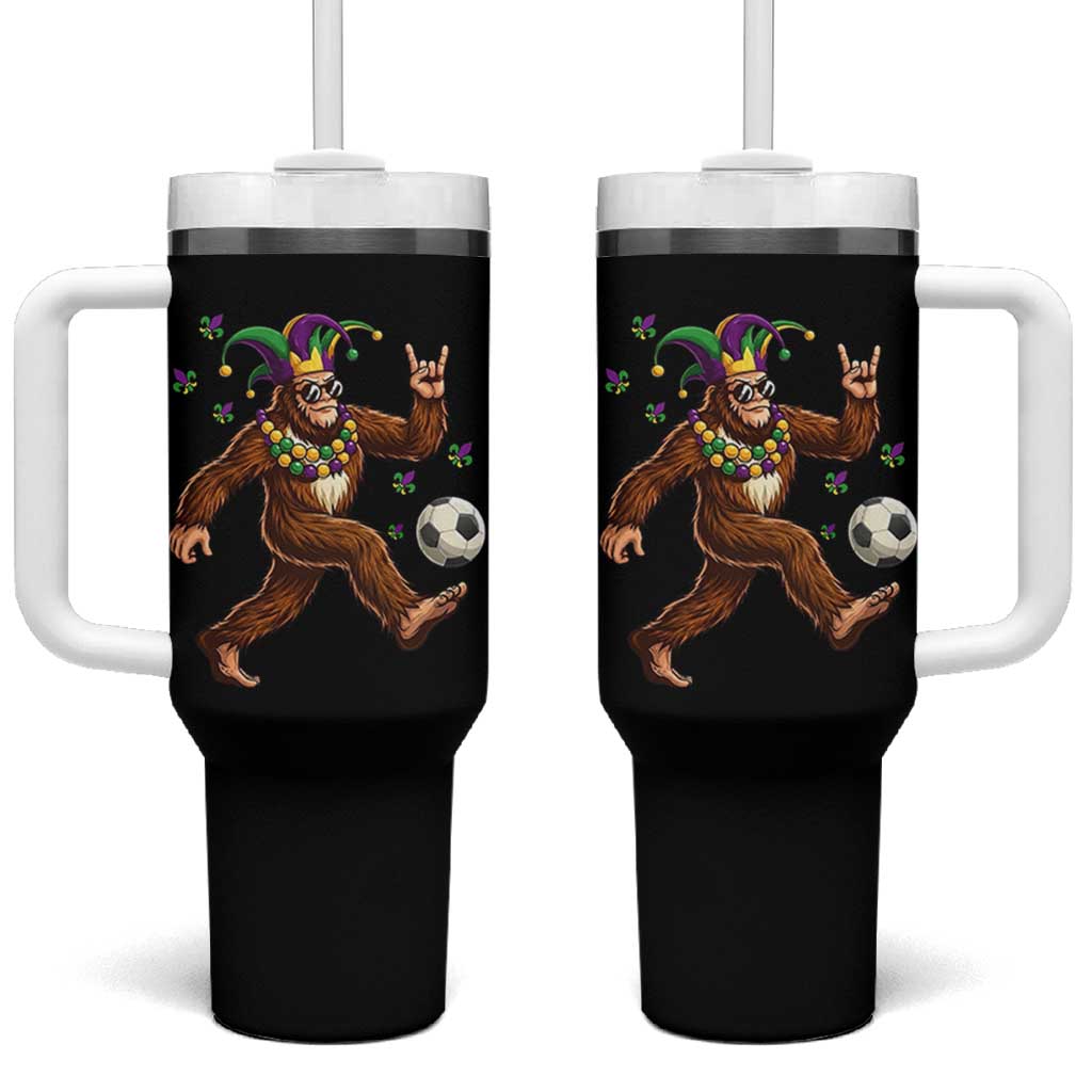 Funny Mardi Gras Bigfoot Playing Soccer Tumbler With Handle Football Fan Gift