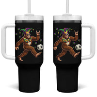 Funny Mardi Gras Bigfoot Playing Soccer Tumbler With Handle Football Fan Gift