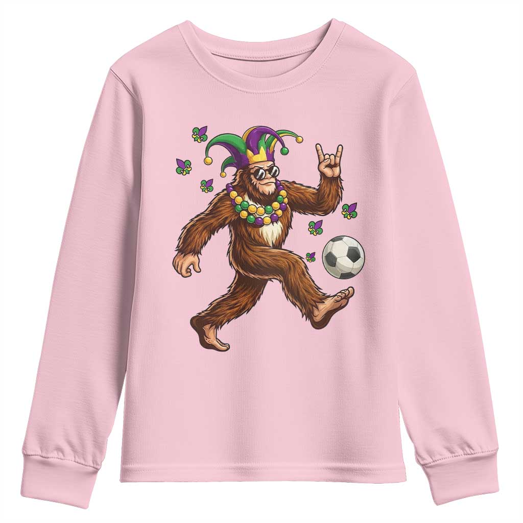 Funny Mardi Gras Bigfoot Playing Soccer Youth Sweatshirt Football Fan Gift