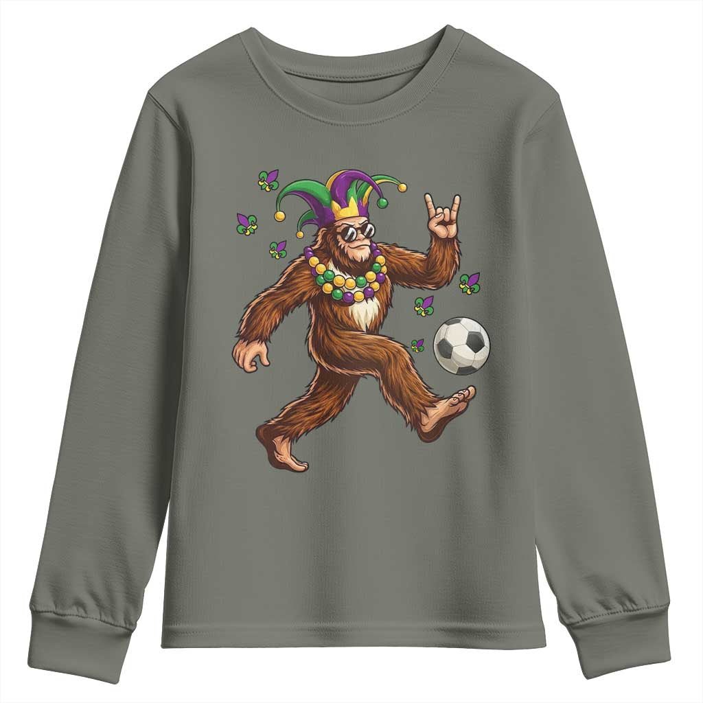Funny Mardi Gras Bigfoot Playing Soccer Youth Sweatshirt Football Fan Gift