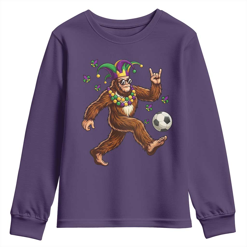 Funny Mardi Gras Bigfoot Playing Soccer Youth Sweatshirt Football Fan Gift