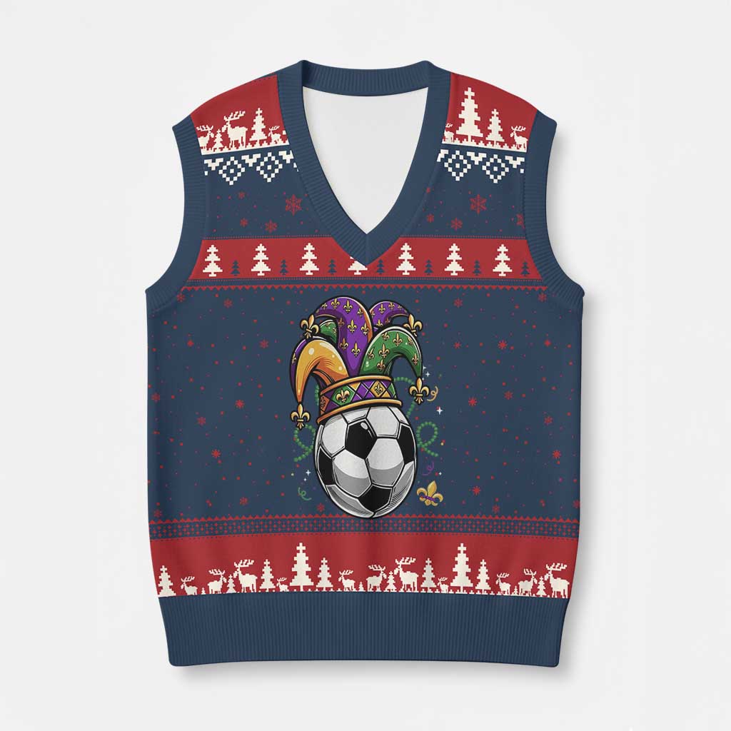 Mardi Gras Soccer Ball V-Neck Knit Sweater Vest Funny Louisiana Carnival Sports Gift