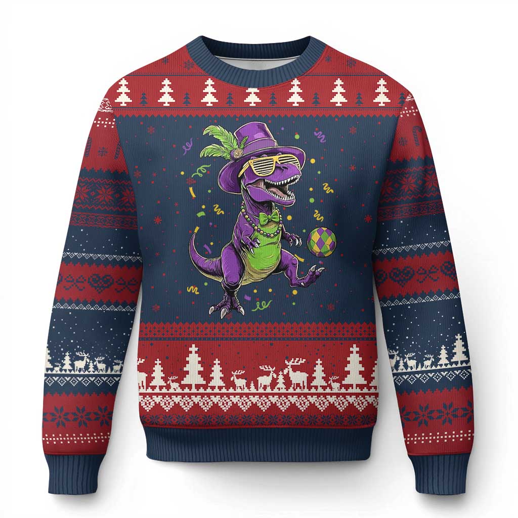Funny Mardi Gras Dinosaur Playing Soccer Ugly Christmas Sweater