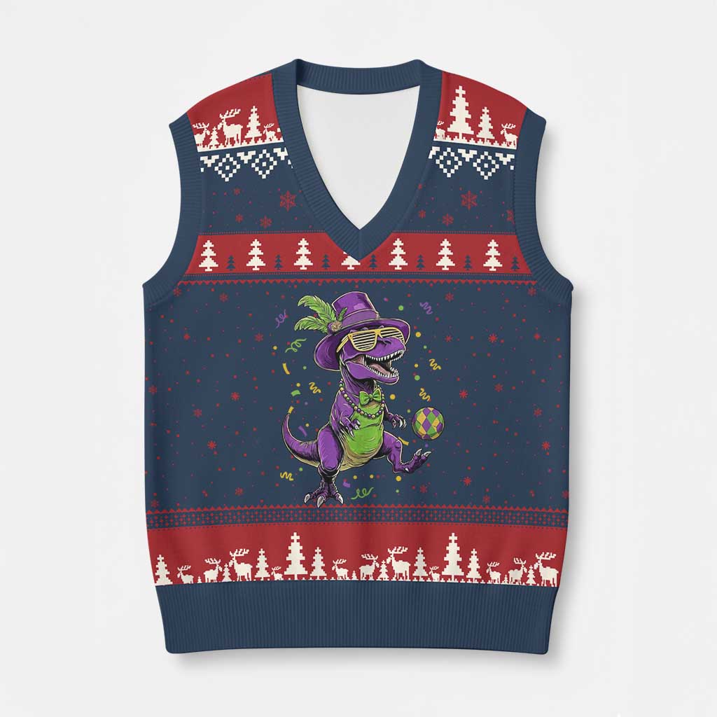 Funny Mardi Gras Dinosaur Playing Soccer V-Neck Knit Sweater Vest