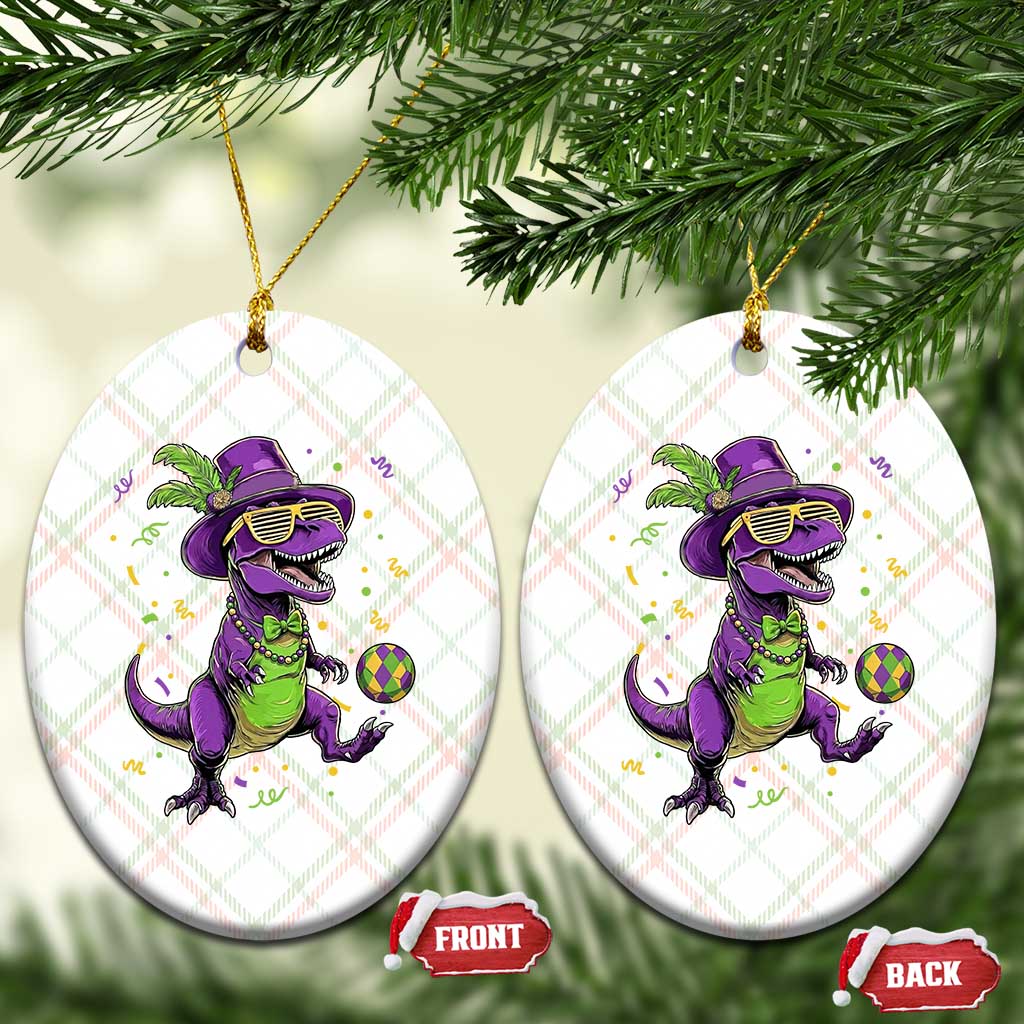 Funny Mardi Gras Dinosaur Playing Soccer Ceramic Ornament