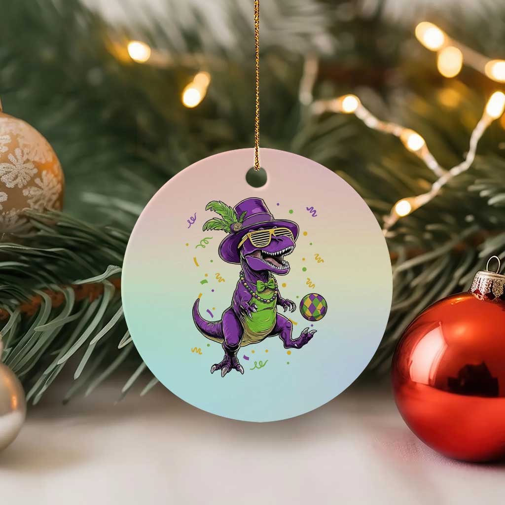 Funny Mardi Gras Dinosaur Playing Soccer Ceramic Ornament
