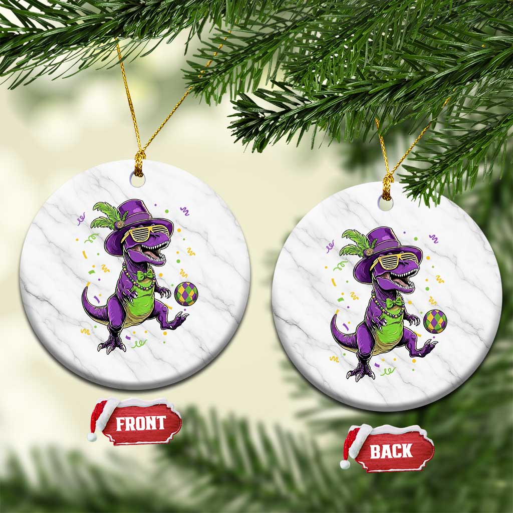 Funny Mardi Gras Dinosaur Playing Soccer Ceramic Ornament