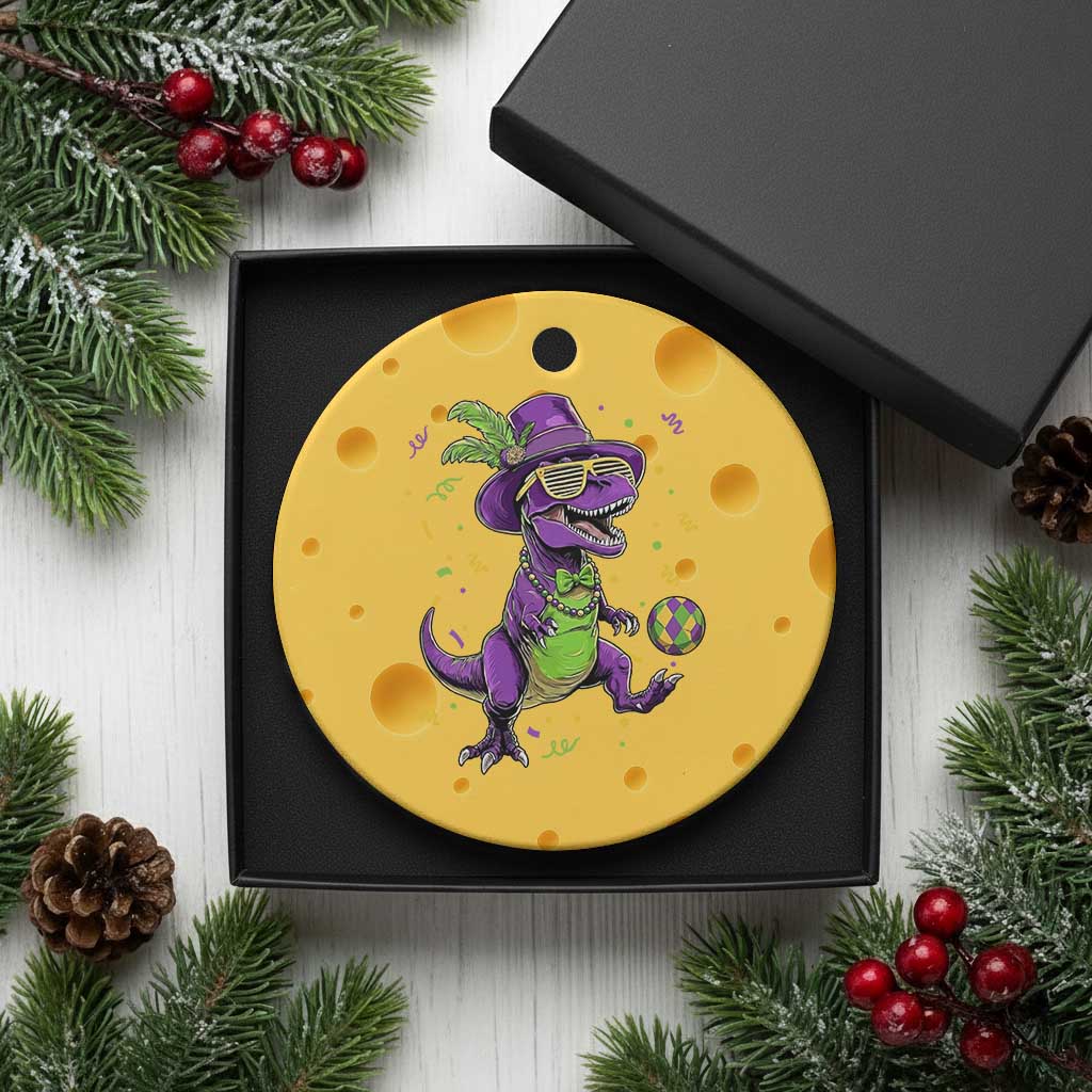 Funny Mardi Gras Dinosaur Playing Soccer Ceramic Ornament