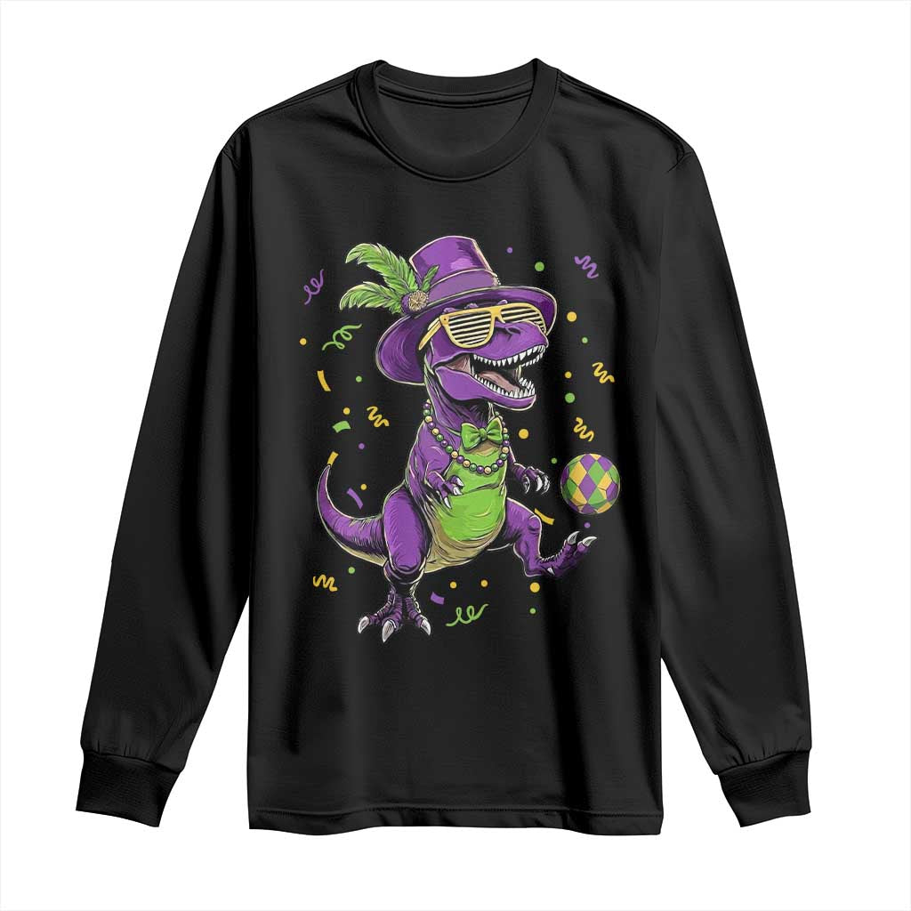 Funny Mardi Gras Dinosaur Playing Soccer Long Sleeve Shirt
