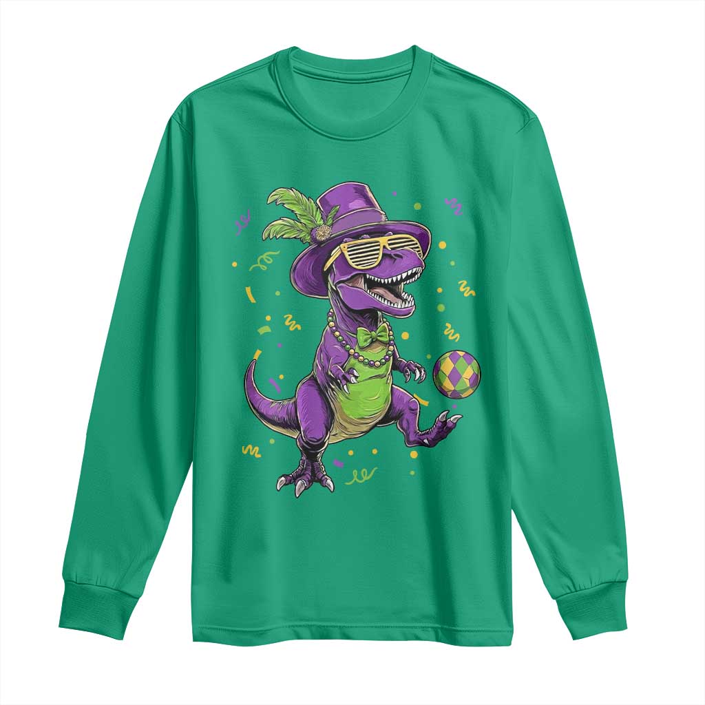 Funny Mardi Gras Dinosaur Playing Soccer Long Sleeve Shirt