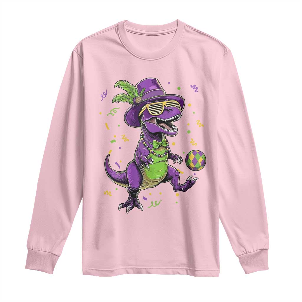 Funny Mardi Gras Dinosaur Playing Soccer Long Sleeve Shirt