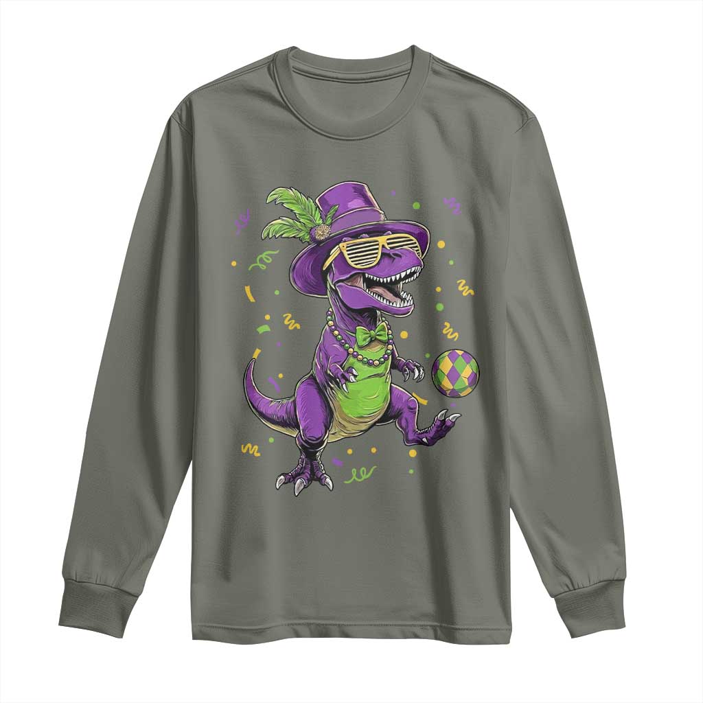 Funny Mardi Gras Dinosaur Playing Soccer Long Sleeve Shirt
