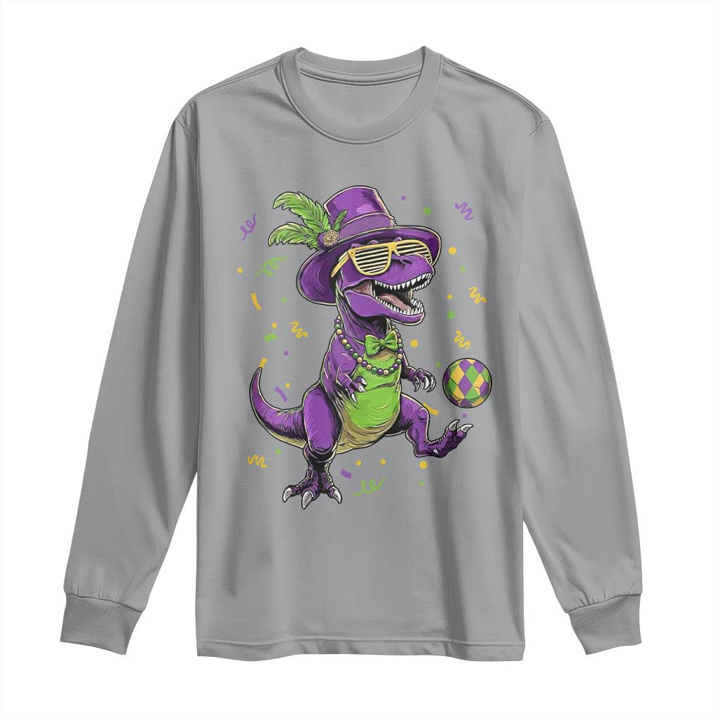 Funny Mardi Gras Dinosaur Playing Soccer Long Sleeve Shirt