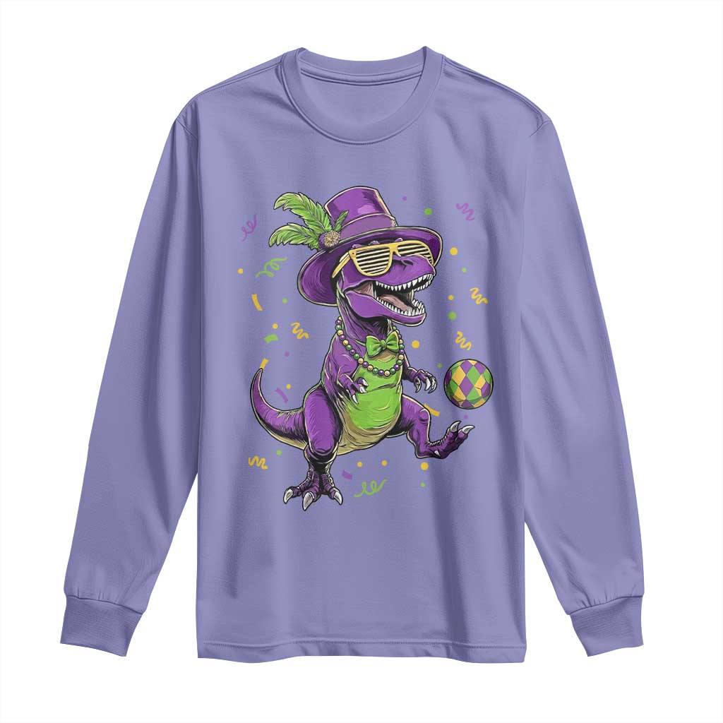 Funny Mardi Gras Dinosaur Playing Soccer Long Sleeve Shirt