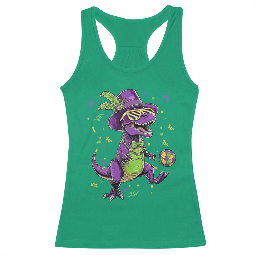 Funny Mardi Gras Dinosaur Playing Soccer Racerback Tank Top