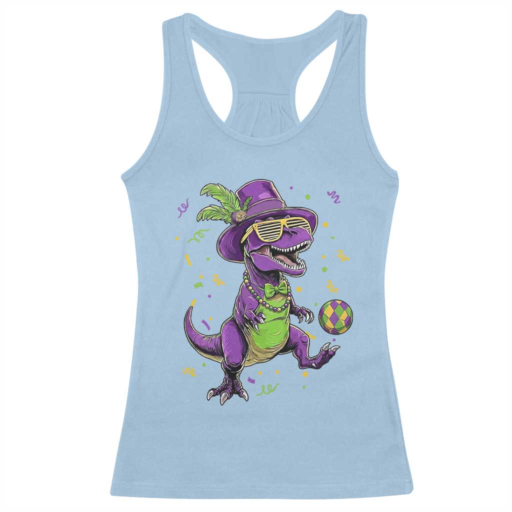 Funny Mardi Gras Dinosaur Playing Soccer Racerback Tank Top