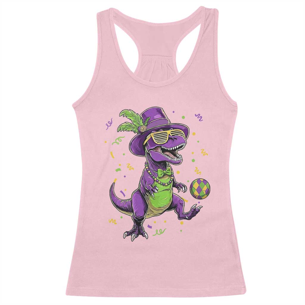 Funny Mardi Gras Dinosaur Playing Soccer Racerback Tank Top