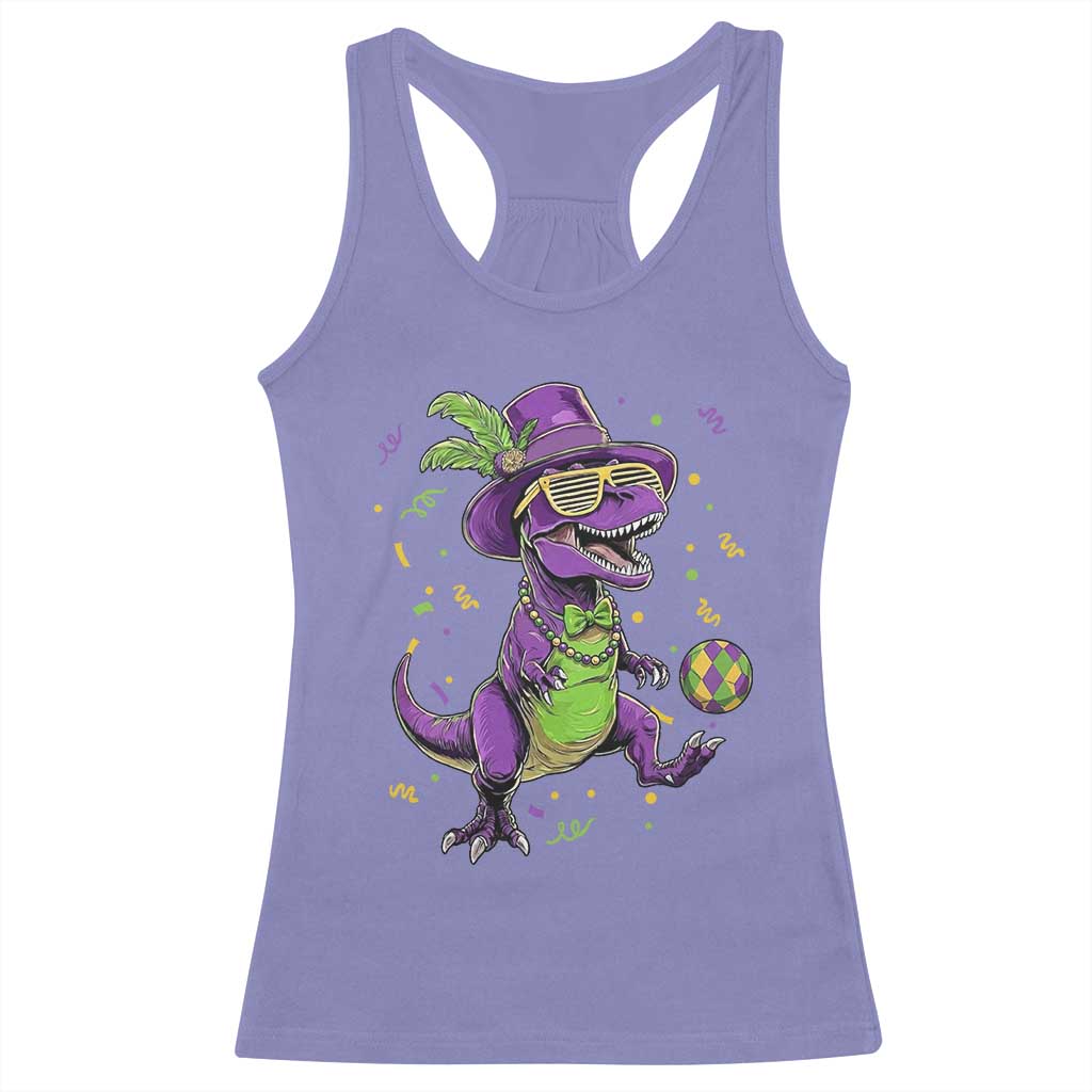 Funny Mardi Gras Dinosaur Playing Soccer Racerback Tank Top