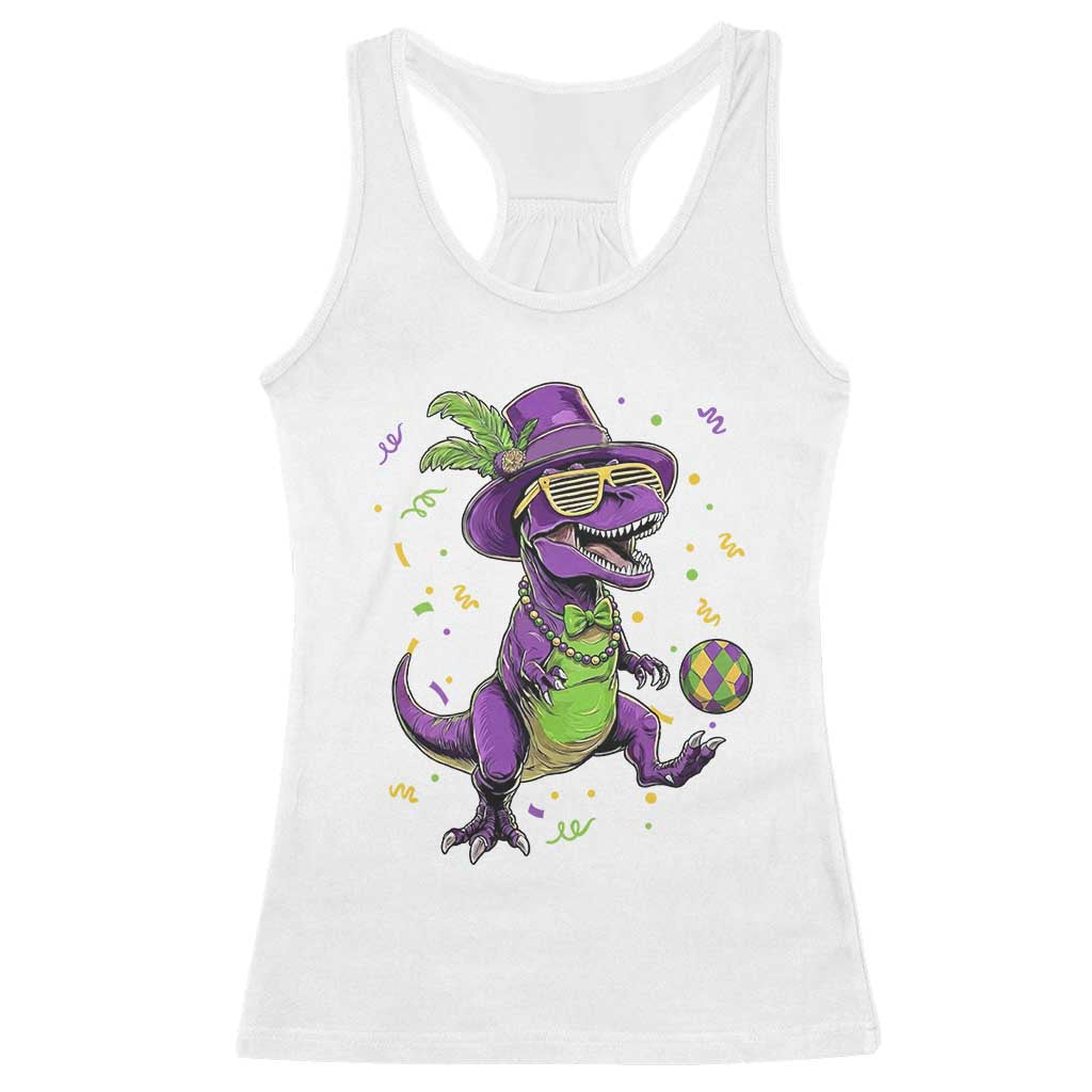 Funny Mardi Gras Dinosaur Playing Soccer Racerback Tank Top