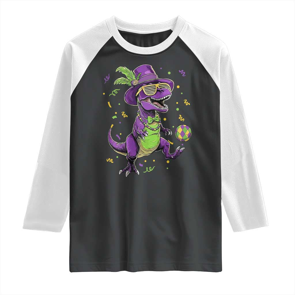 Funny Mardi Gras Dinosaur Playing Soccer Raglan Shirt