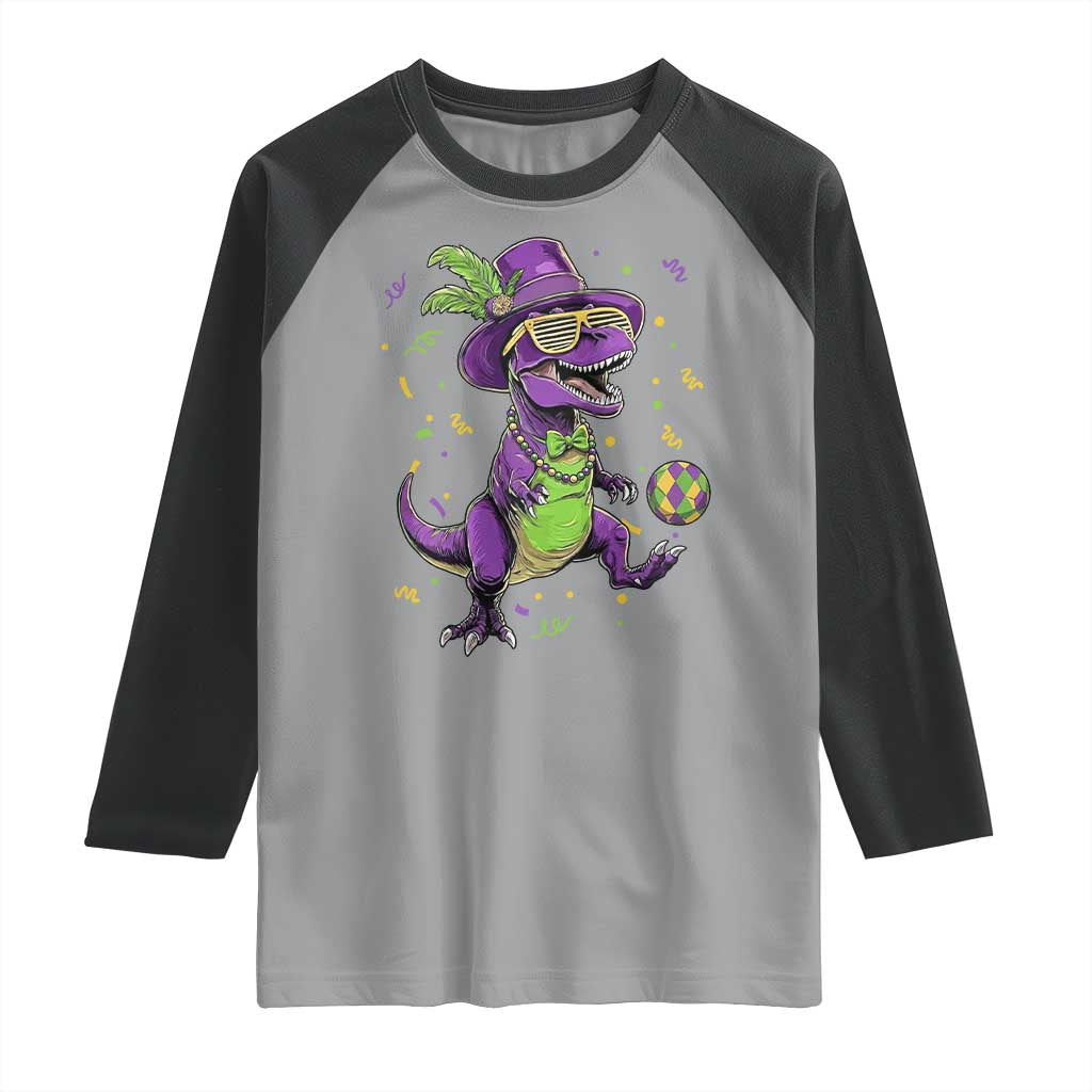 Funny Mardi Gras Dinosaur Playing Soccer Raglan Shirt